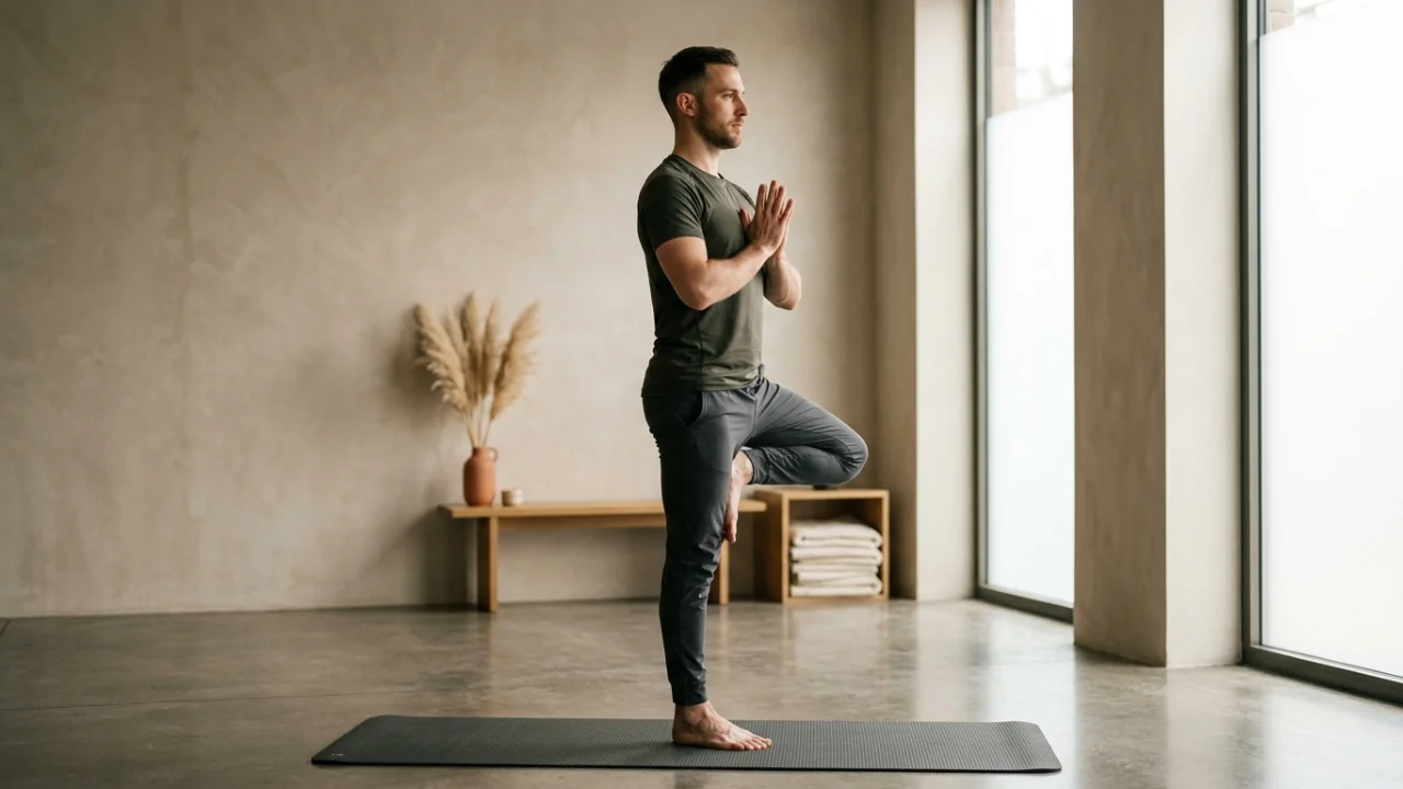 Hatha yoga practitioner holding Mountain Pose with calm, deliberate alignment