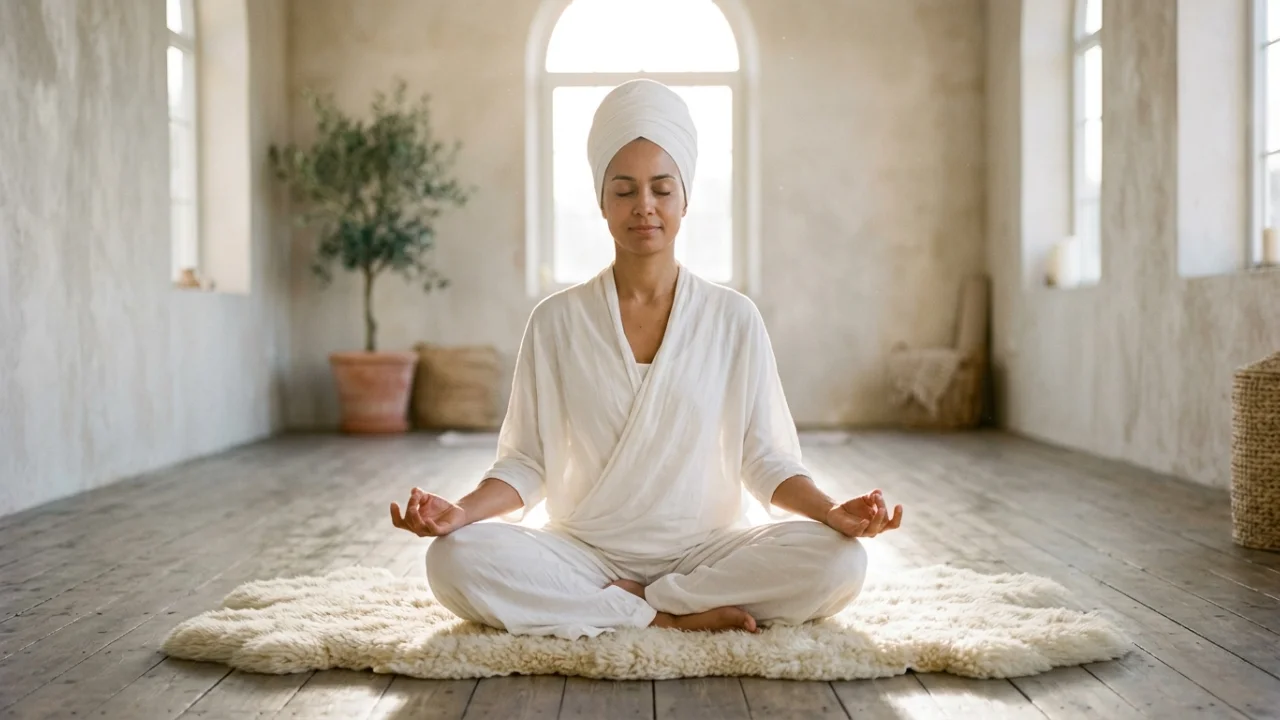 Kundalini yoga practitioner in a meditative seated pose with hands in a mudra