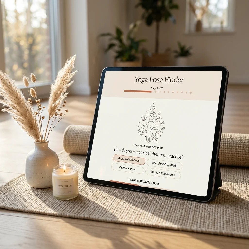Interactive yoga pose finder quiz interface displayed on a premium tablet showcasing goal selection, progress tracking, and personalized physical scoring recommendation cards