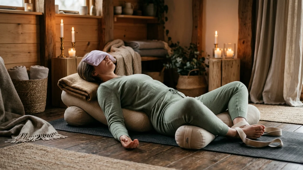 Person in a supported restorative yoga pose using bolsters and blankets for deep relaxation