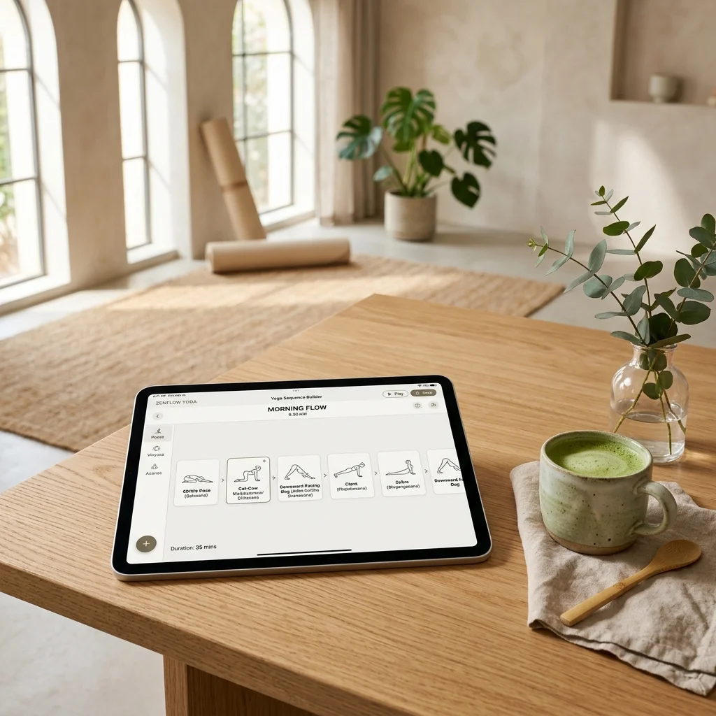 Interactive yoga sequence builder timeline editor on a tablet showcasing drag-and-drop poses, customized durations, and printable PDF export buttons