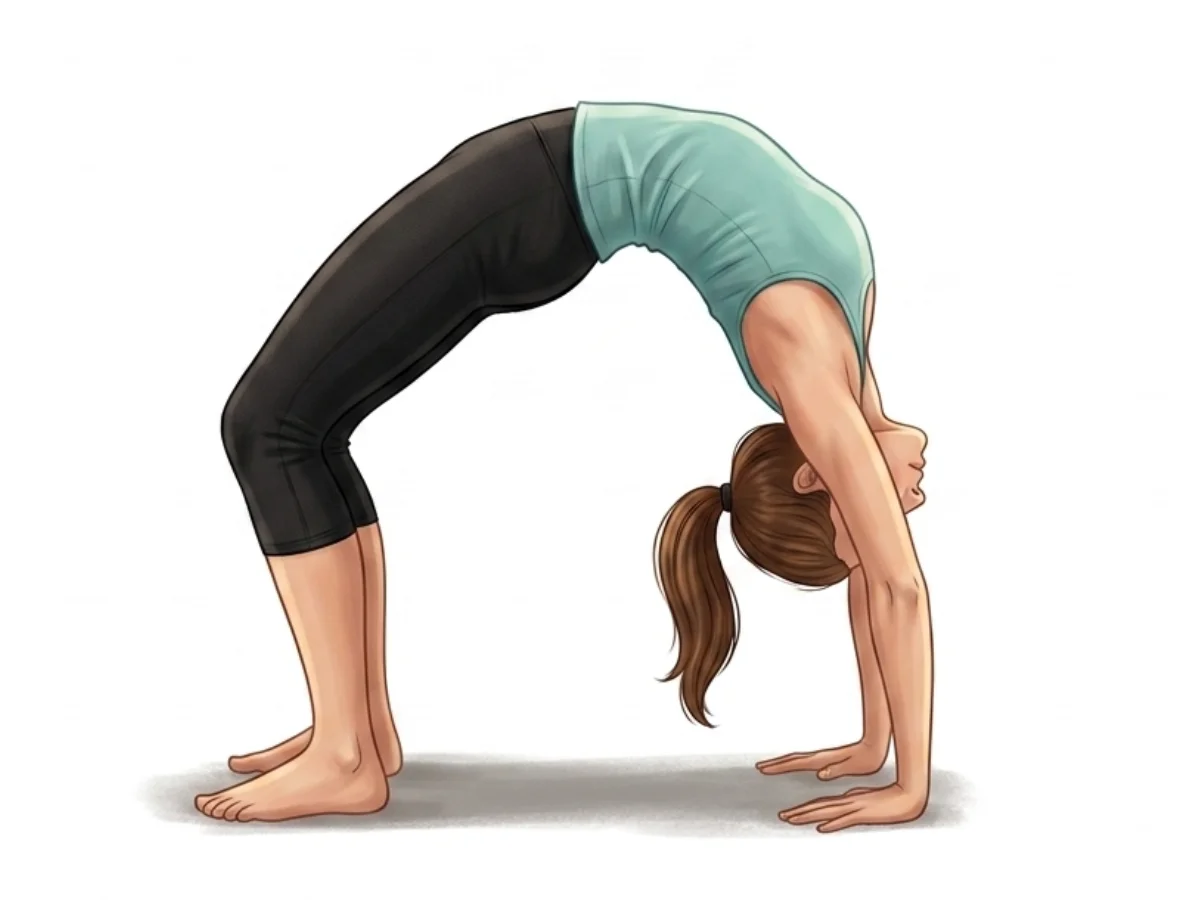 Person pushing up into full Wheel backbend Urdhva Dhanurasana