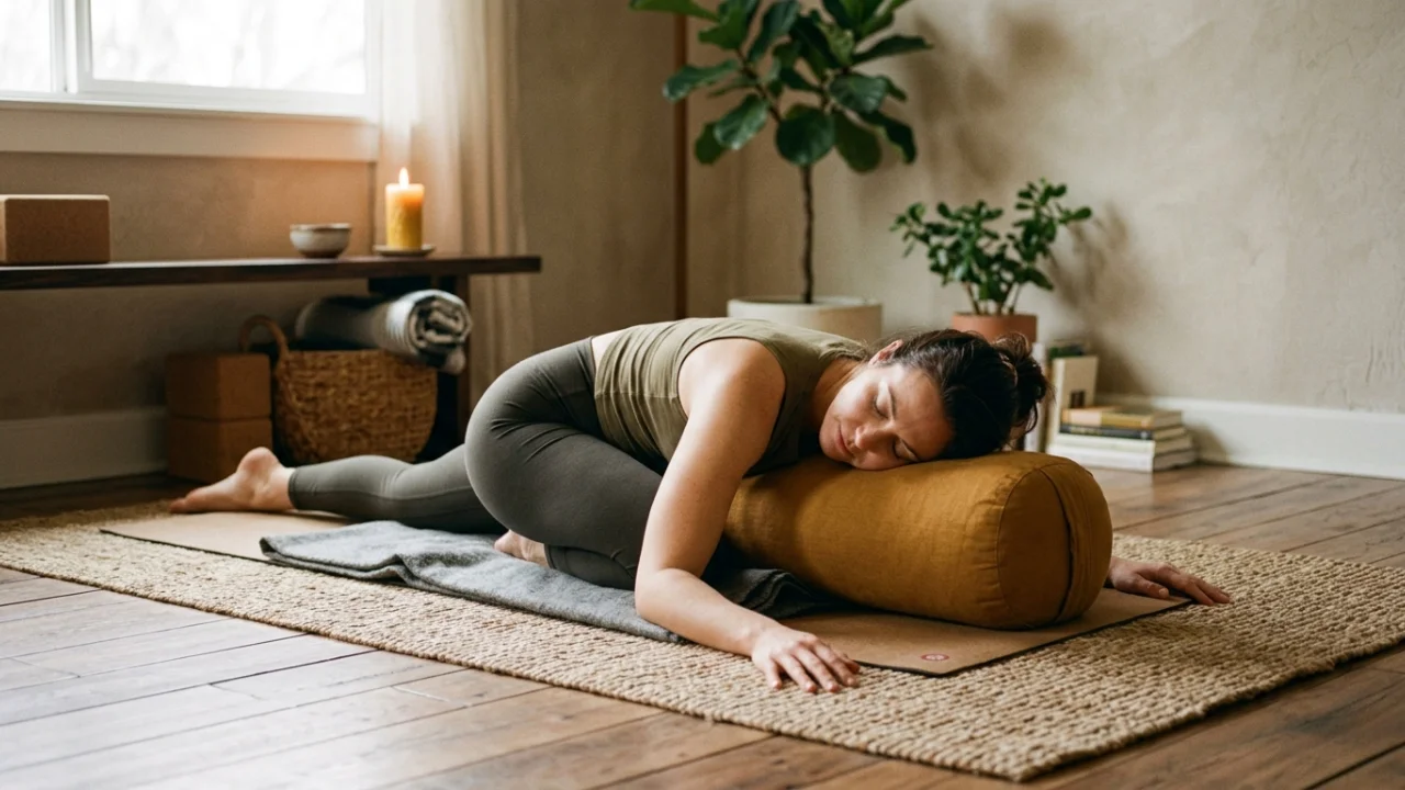 Yin yoga practitioner in a long-held passive seated forward fold on a yoga mat
