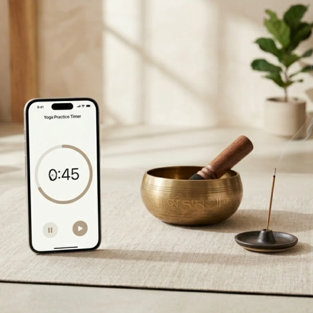 Interactive yoga practice timer interface on a smartphone screen showing custom hold intervals, progress ring, and playback controls