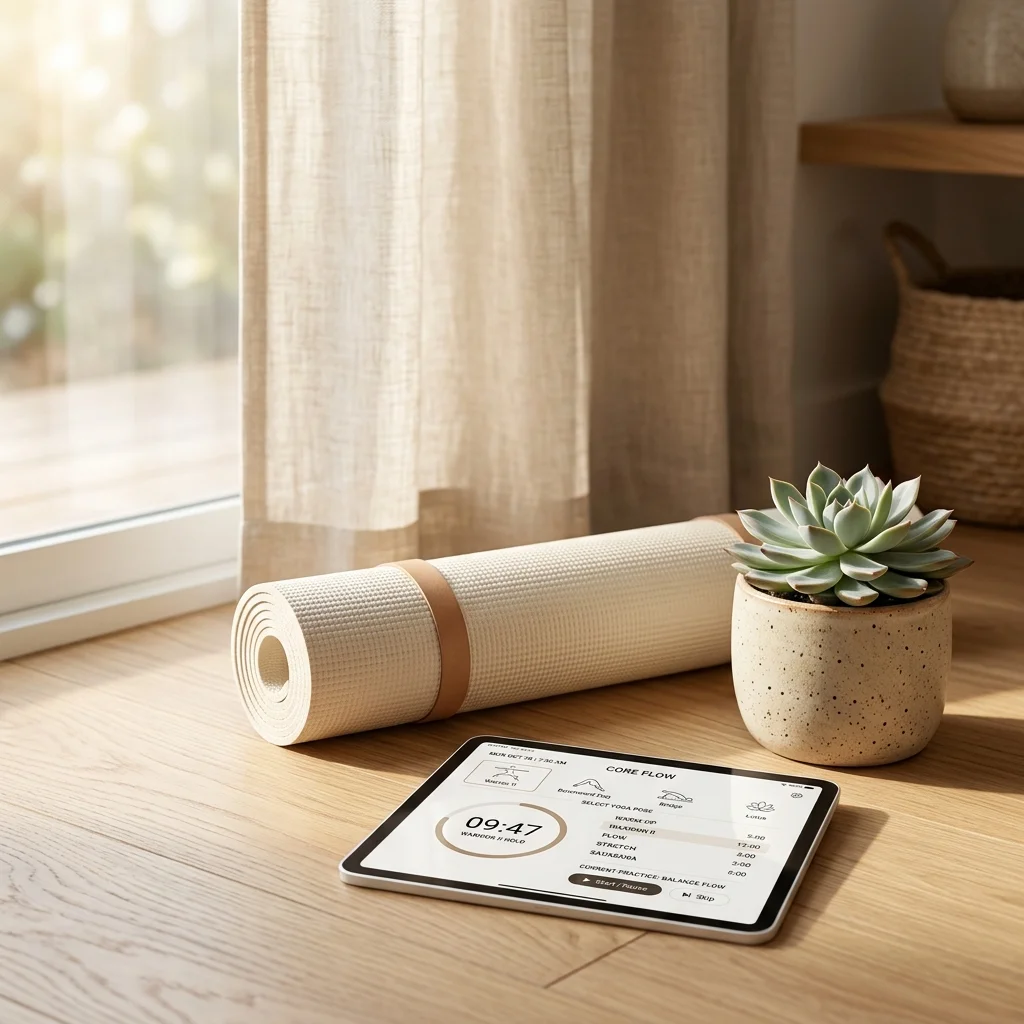 Interactive yoga sequence builder and practice timer display on a digital tablet next to a wellness mat setup